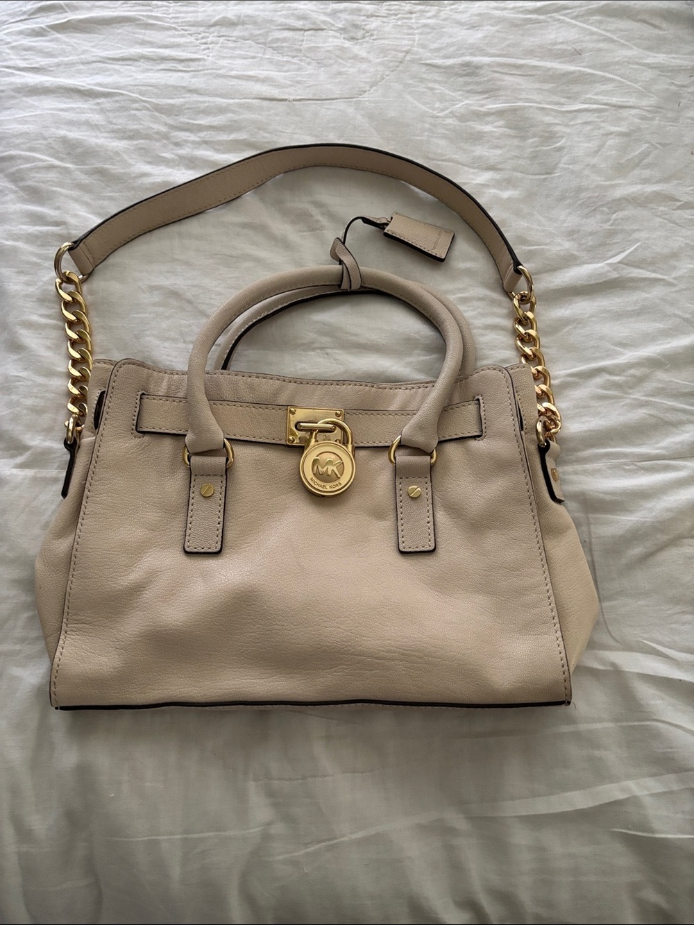 Michael Kors Taupe Leather Satchel with Gold Chain Strap